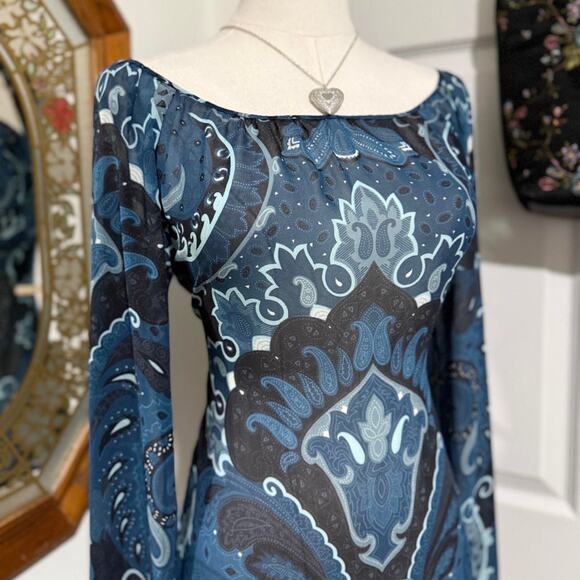Theory Blue & Black Sheer 100% Silk Boho Paisley Pattern Long Sleeve Top M - Picture 2 of 8